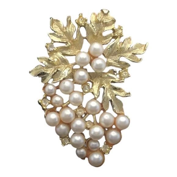 Vintage Mid-Century Amber Aurora Borealis Spray Brooch Pearl Flower Gold-Tone - Picture 4 of 7